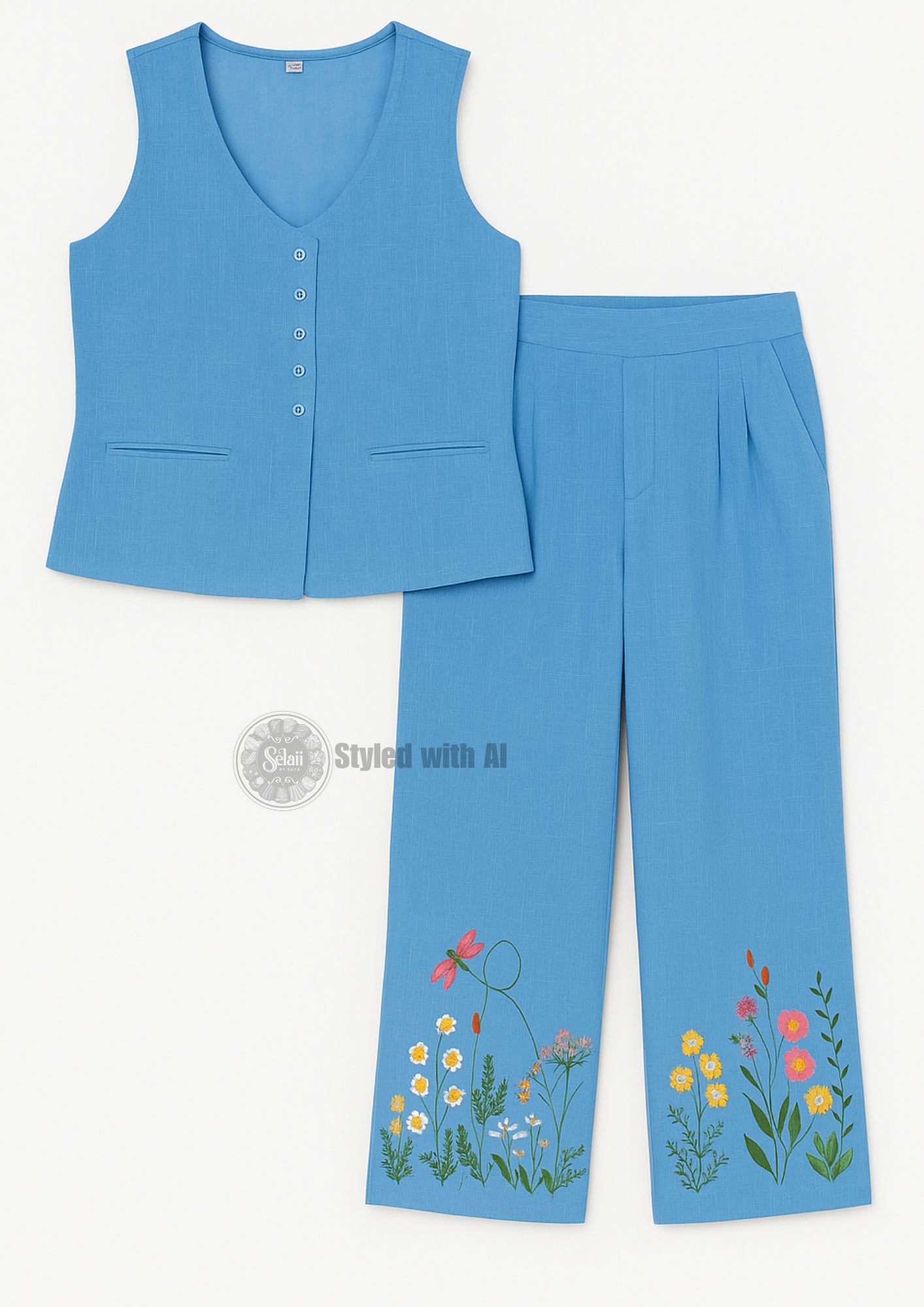 Blue Sleeveless Embroidered Cotton Slub Co-ord Set