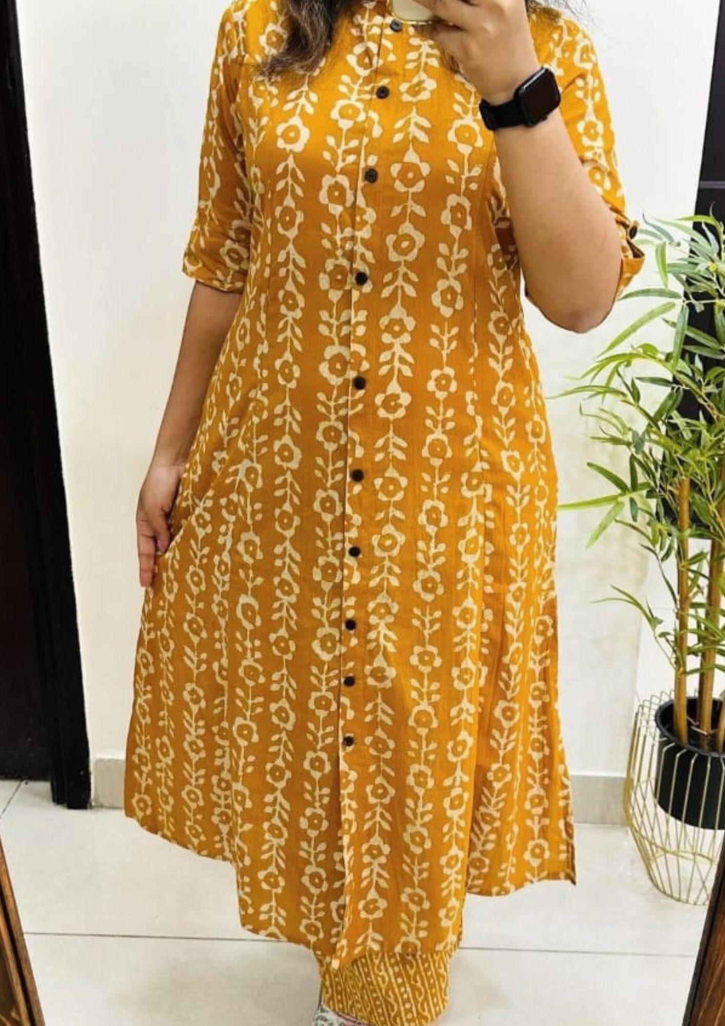 Mustard Straight Printed Cotton Kurta Pant