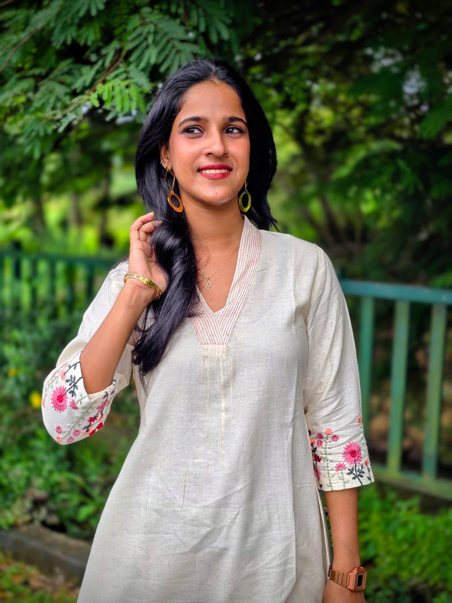 Off-white Floral Embroidered A-line Kurta Pant