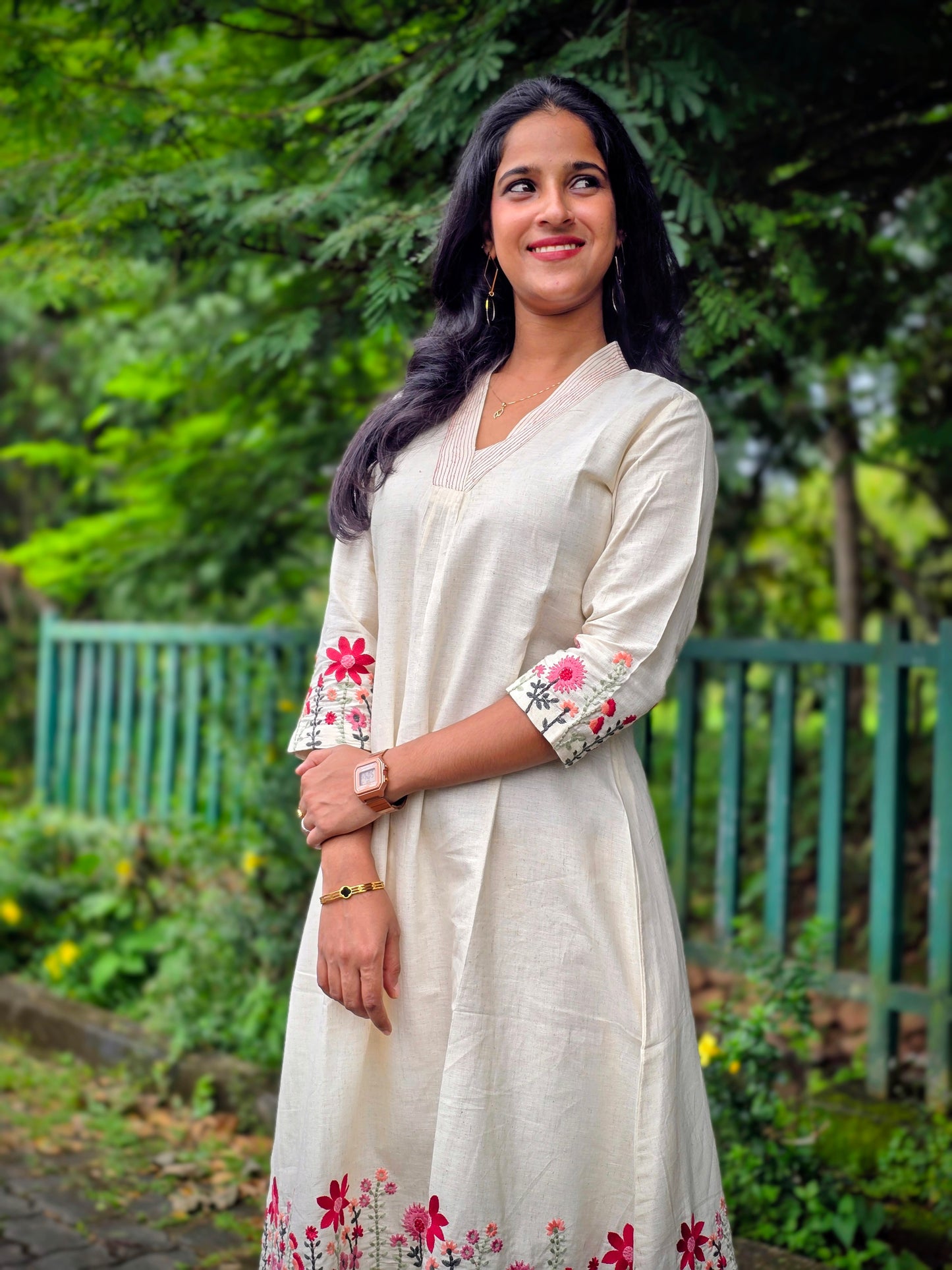 Off-white Floral Embroidered A-line Kurta Pant
