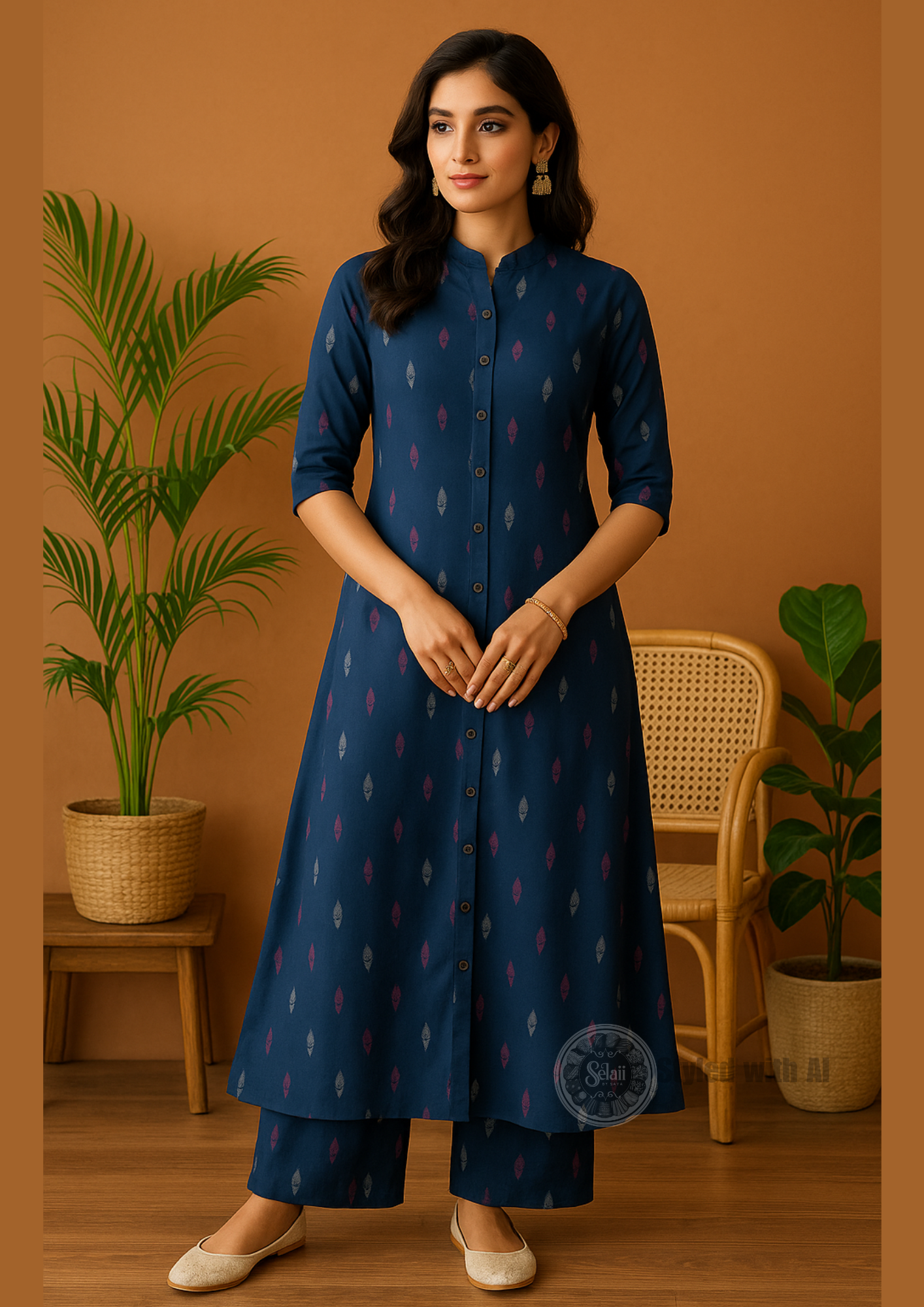Navy Blue A-Line Printed Cotton Kurta Pant