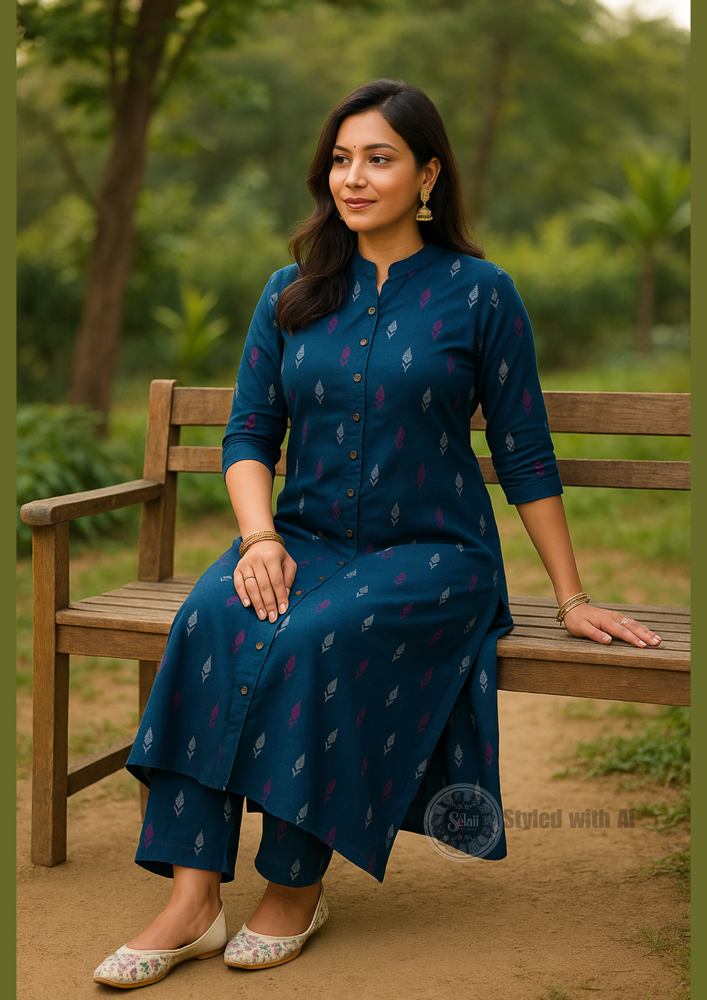 Navy Blue A-Line Printed Cotton Kurta Pant