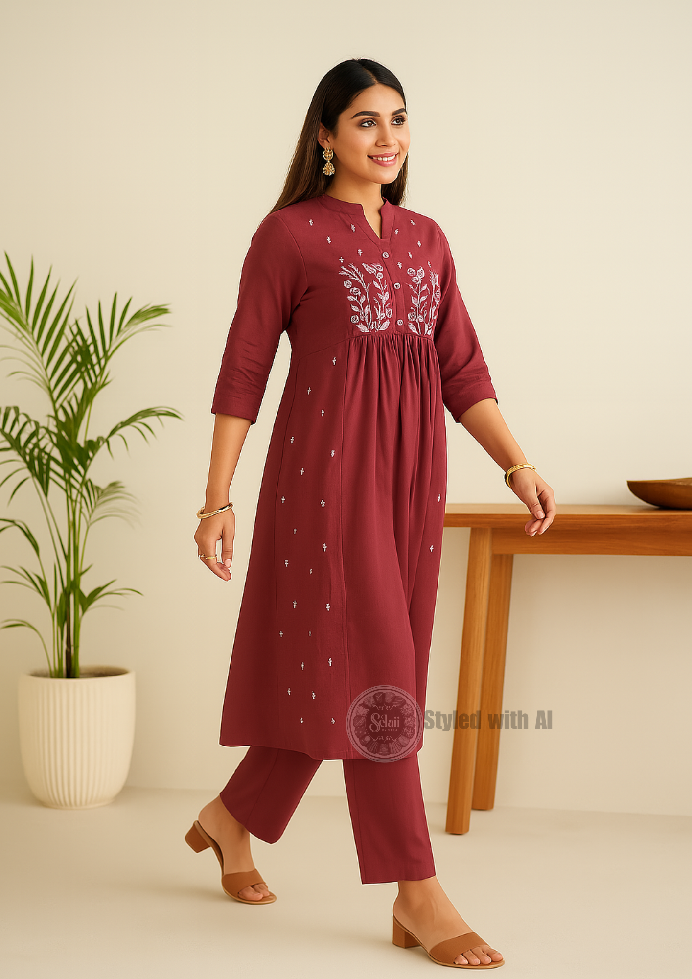Dark Mauve Straight Embroidered Cotton Kurta Pant