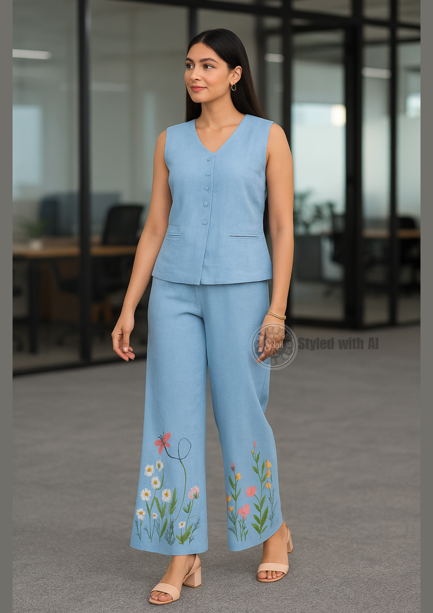 Blue Sleeveless Embroidered Cotton Slub Co-ord Set