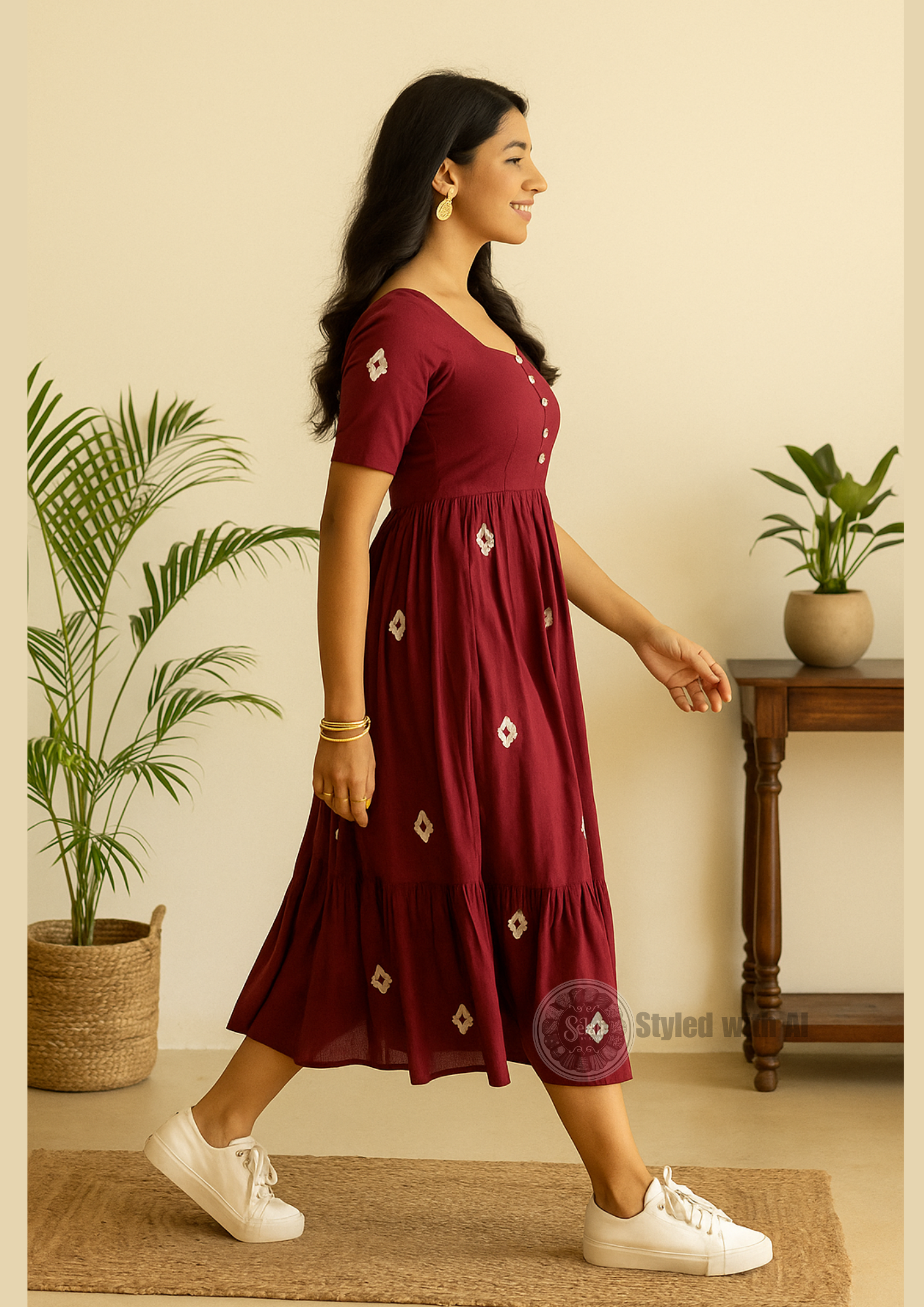 Maroon Flared Printed Cotton Midi Dress