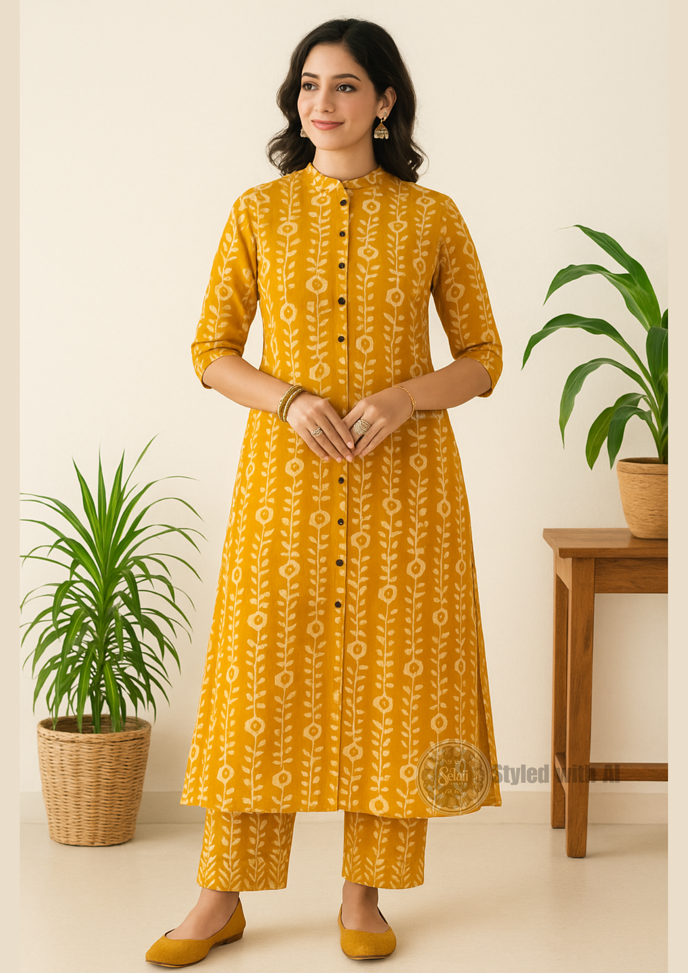 Mustard Straight Printed Cotton Kurta Pant