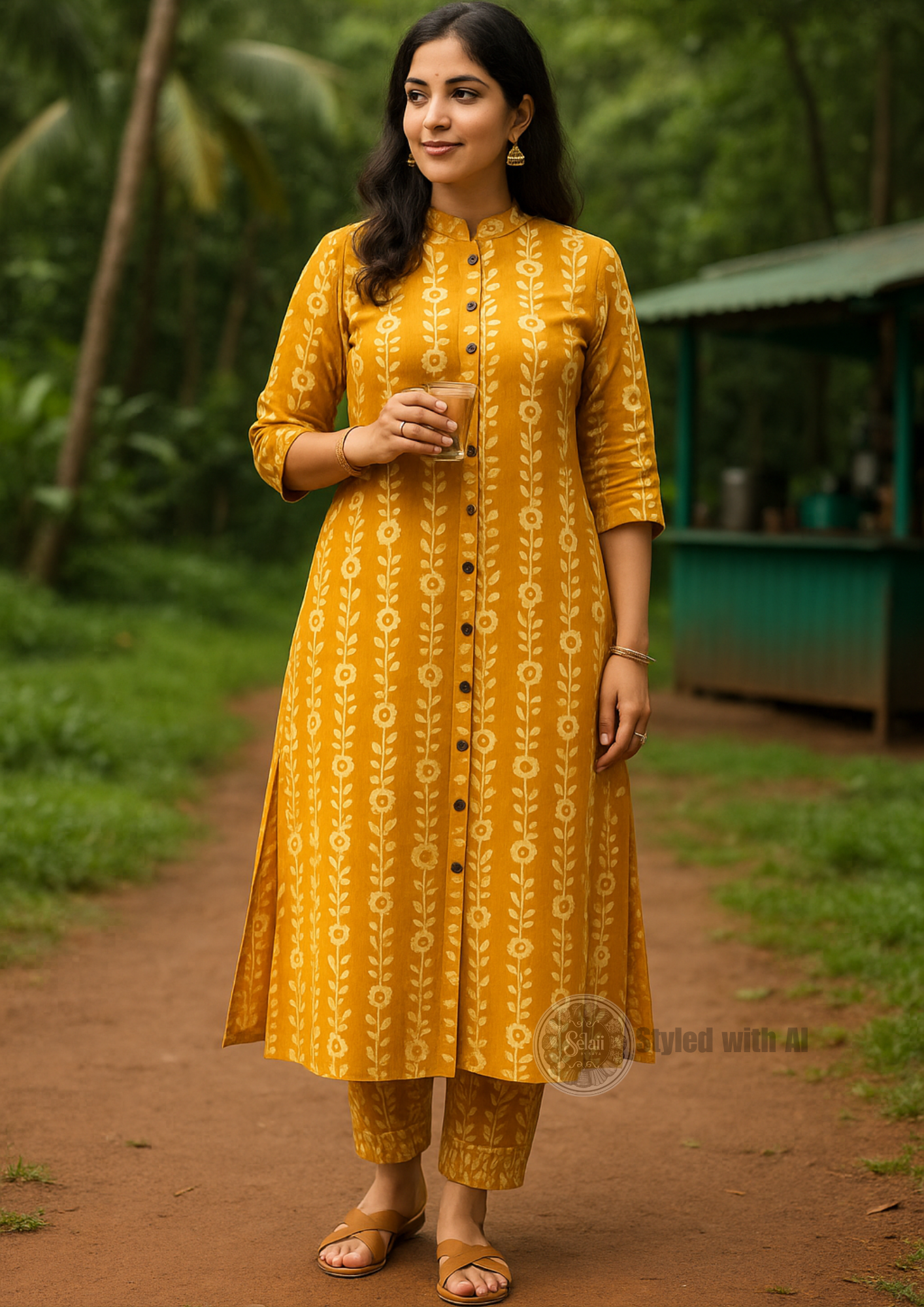 Mustard Straight Printed Cotton Kurta Pant
