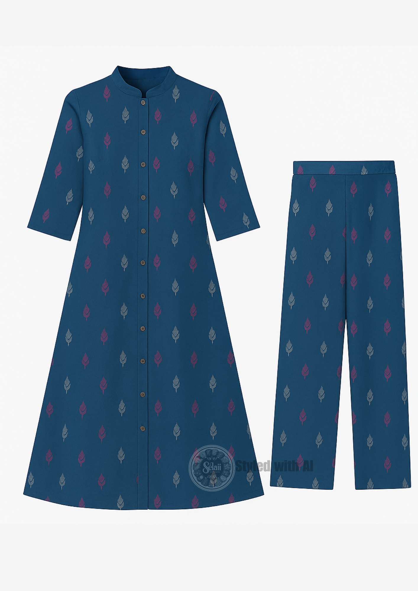 Navy Blue A-Line Printed Cotton Kurta Pant