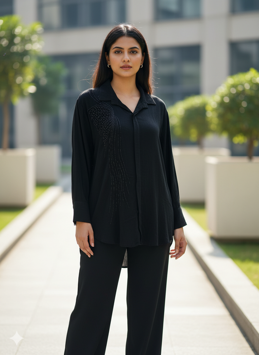 Black Crepe Co-ord Set with Butterfly Bead Embellishments