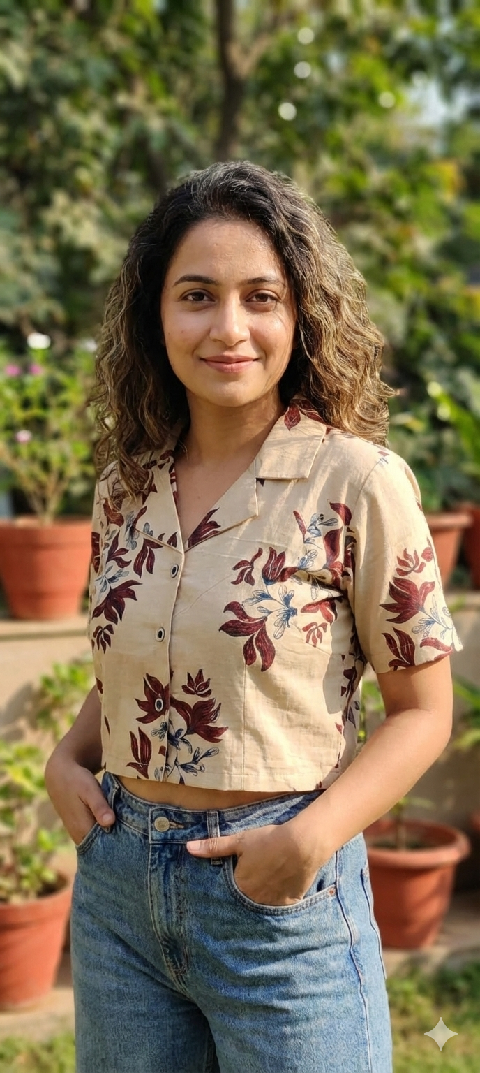 Cream Printed Cuban Collar Crop top