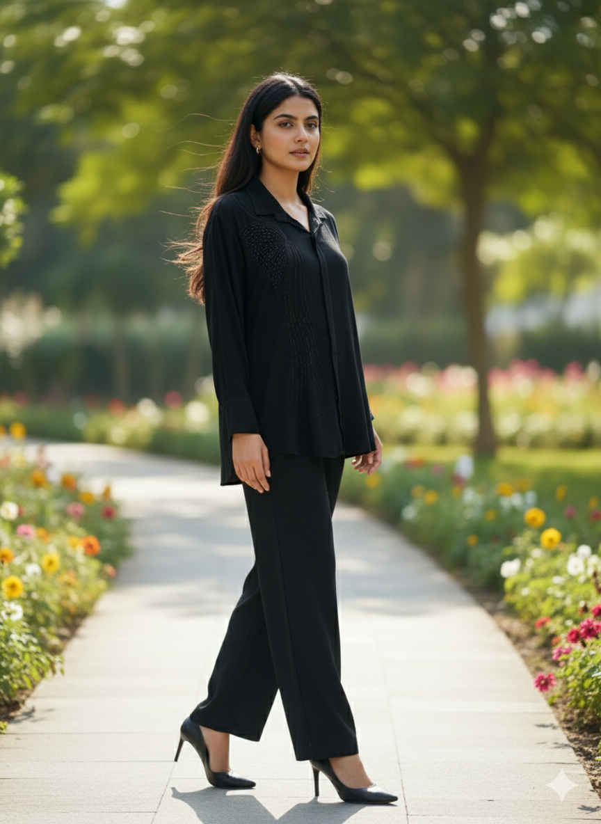 Black Crepe Co-ord Set with Butterfly Bead Embellishments
