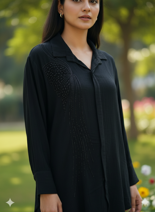 Black Crepe Co-ord Set with Butterfly Bead Embellishments