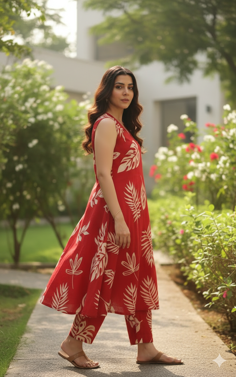 Red Printed Cotton Co-ord Set