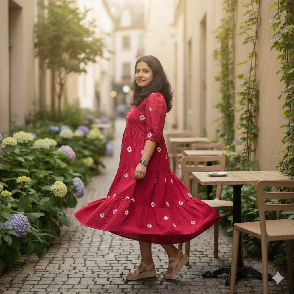 Maroon Flared Printed Cotton Midi Dress
