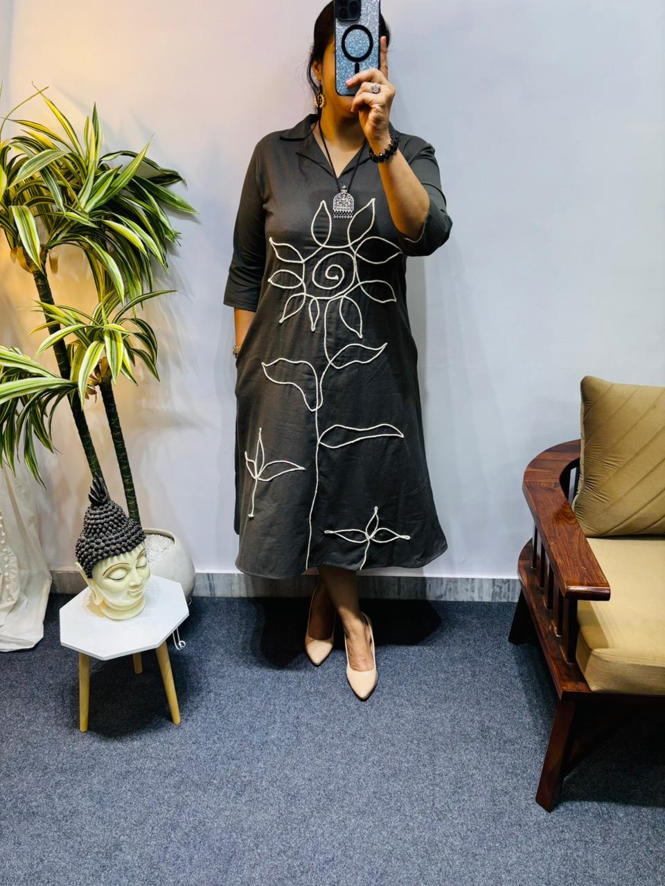 Charcoal Green Embroidered Dress