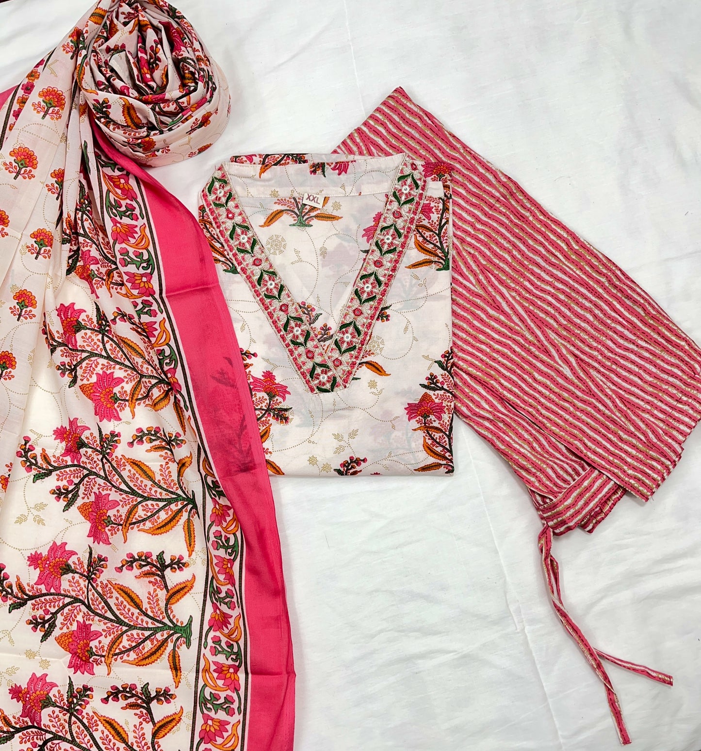 Off-White Suit Set with Pink Floral Print