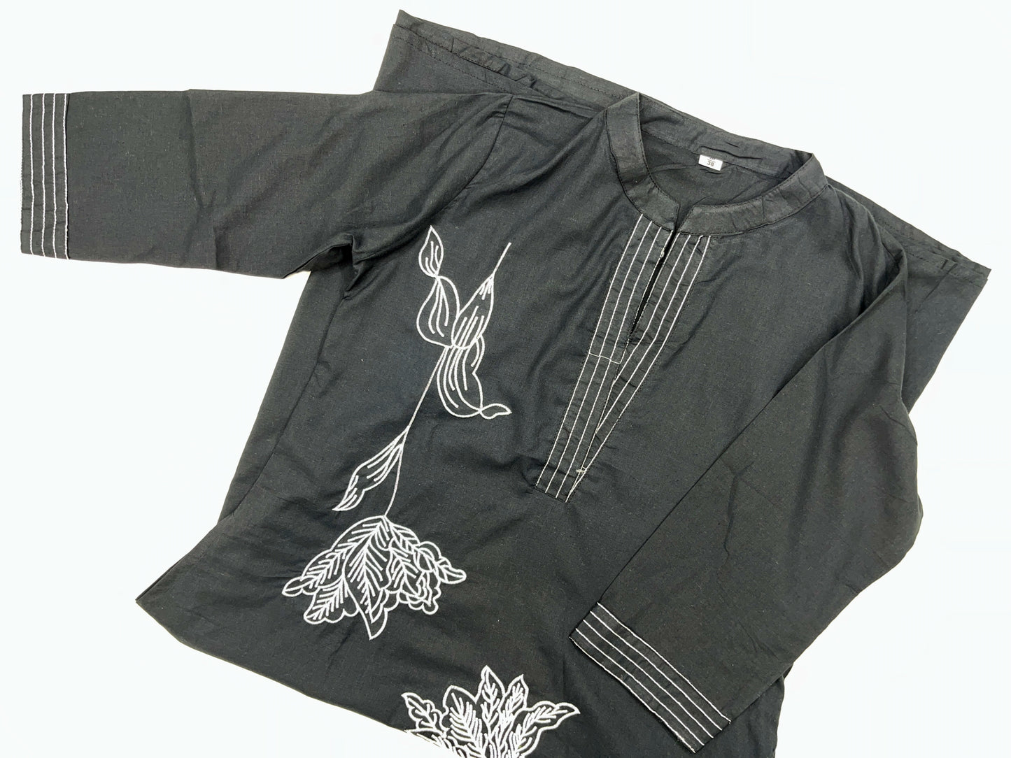 Black Floral Threadwork A-line Kurta Pant