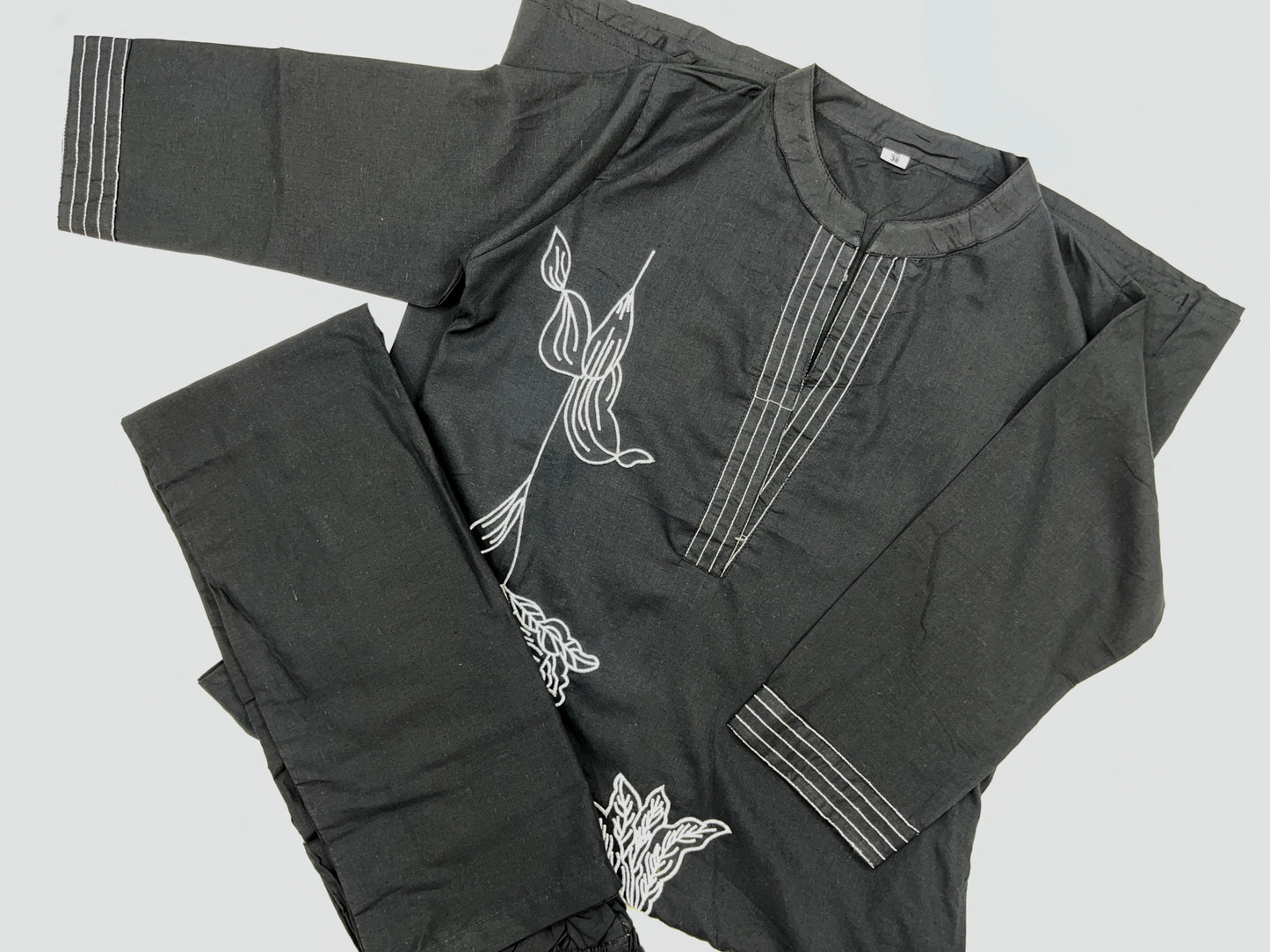 Black Floral Threadwork A-line Kurta Pant