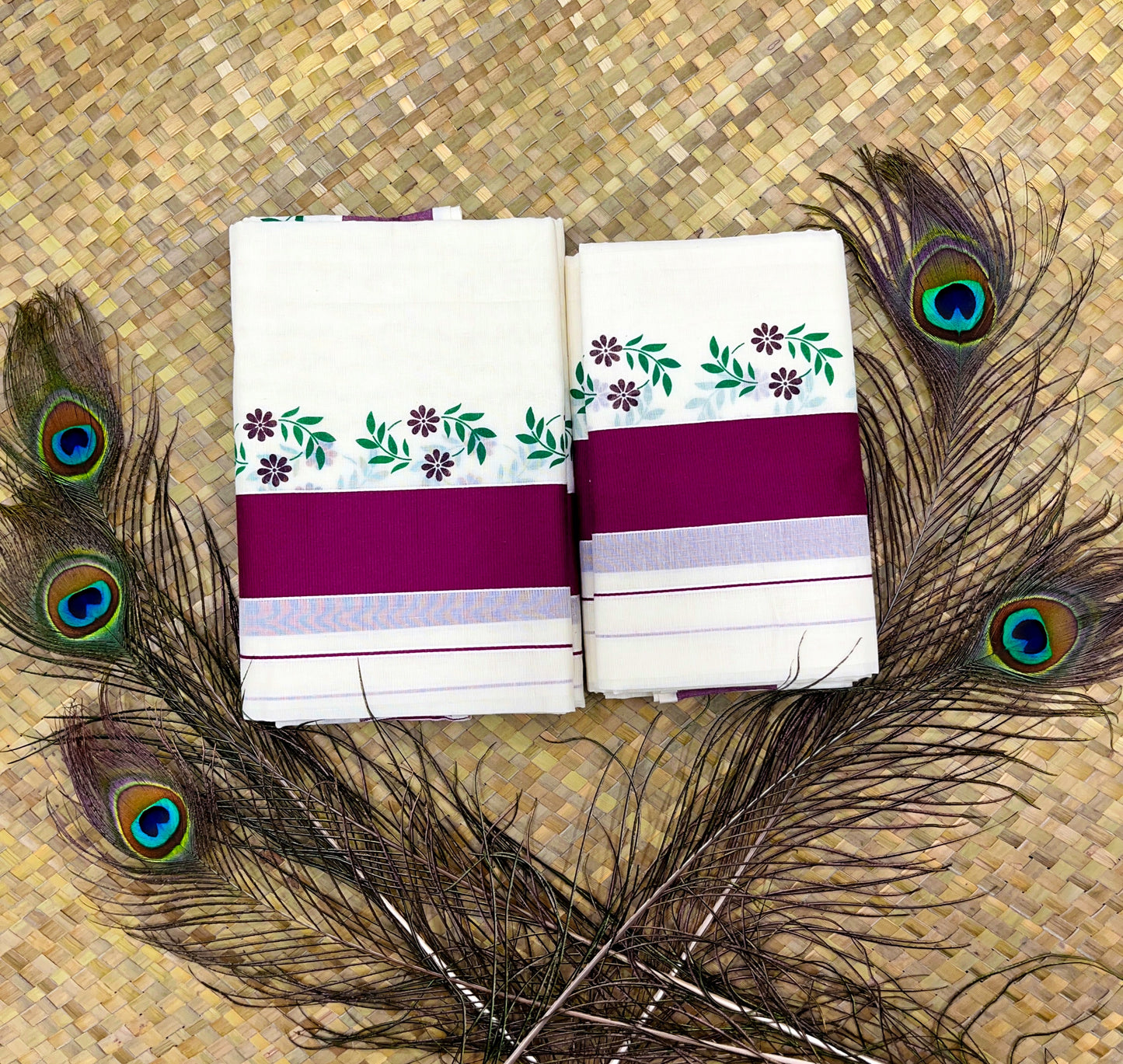 Vadamalli & Green Floral Printed Set Mundu