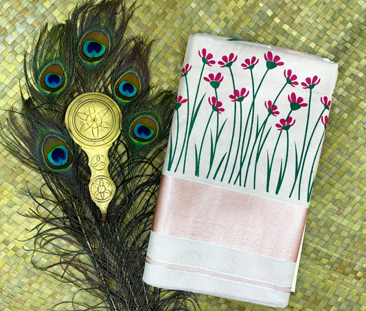 Rose Gold border with Floral Print Set Saree