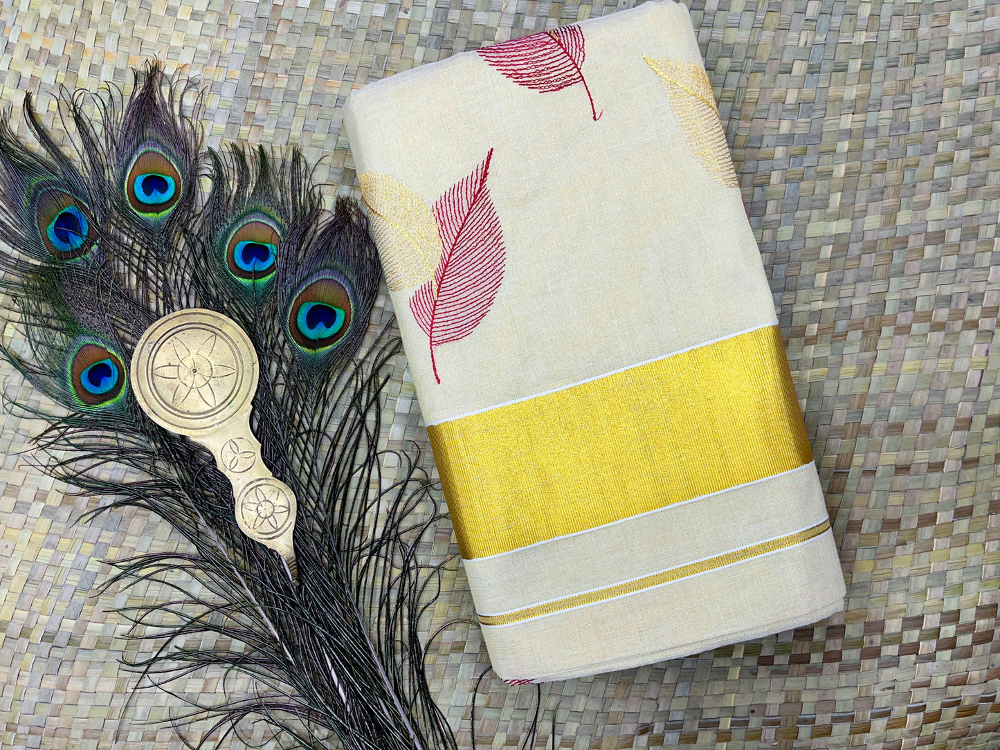 Red & Gold Leaf Embroidery Tissue Set Saree