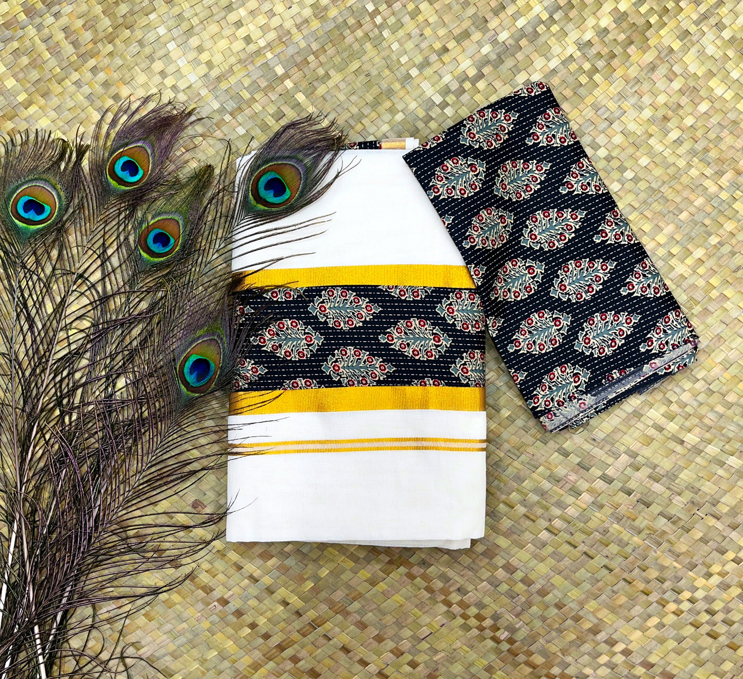 Black Ajrakh and Golden Zari Border Set Saree