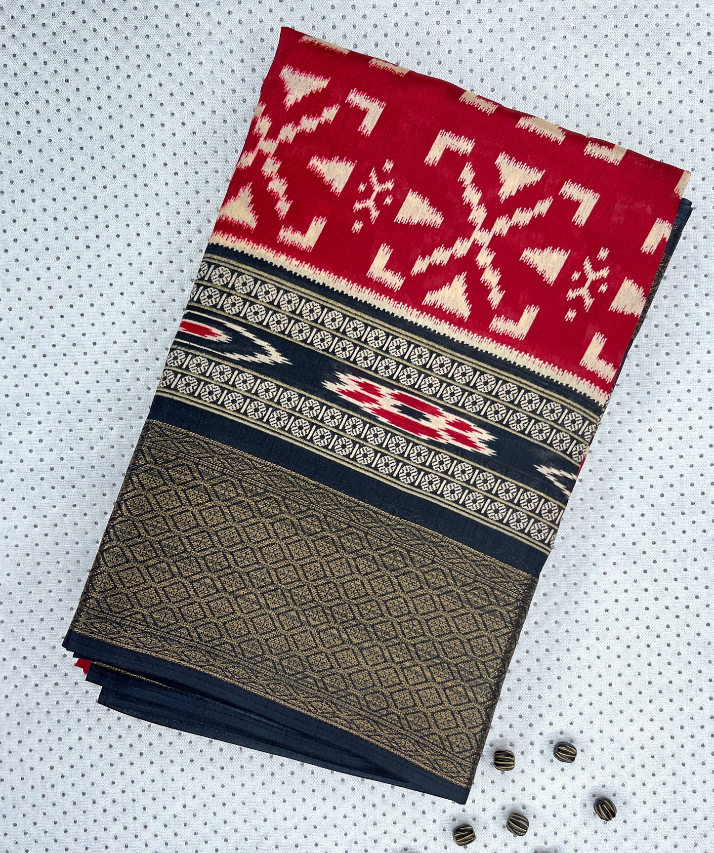 Ikat Printed Saree - red with black border