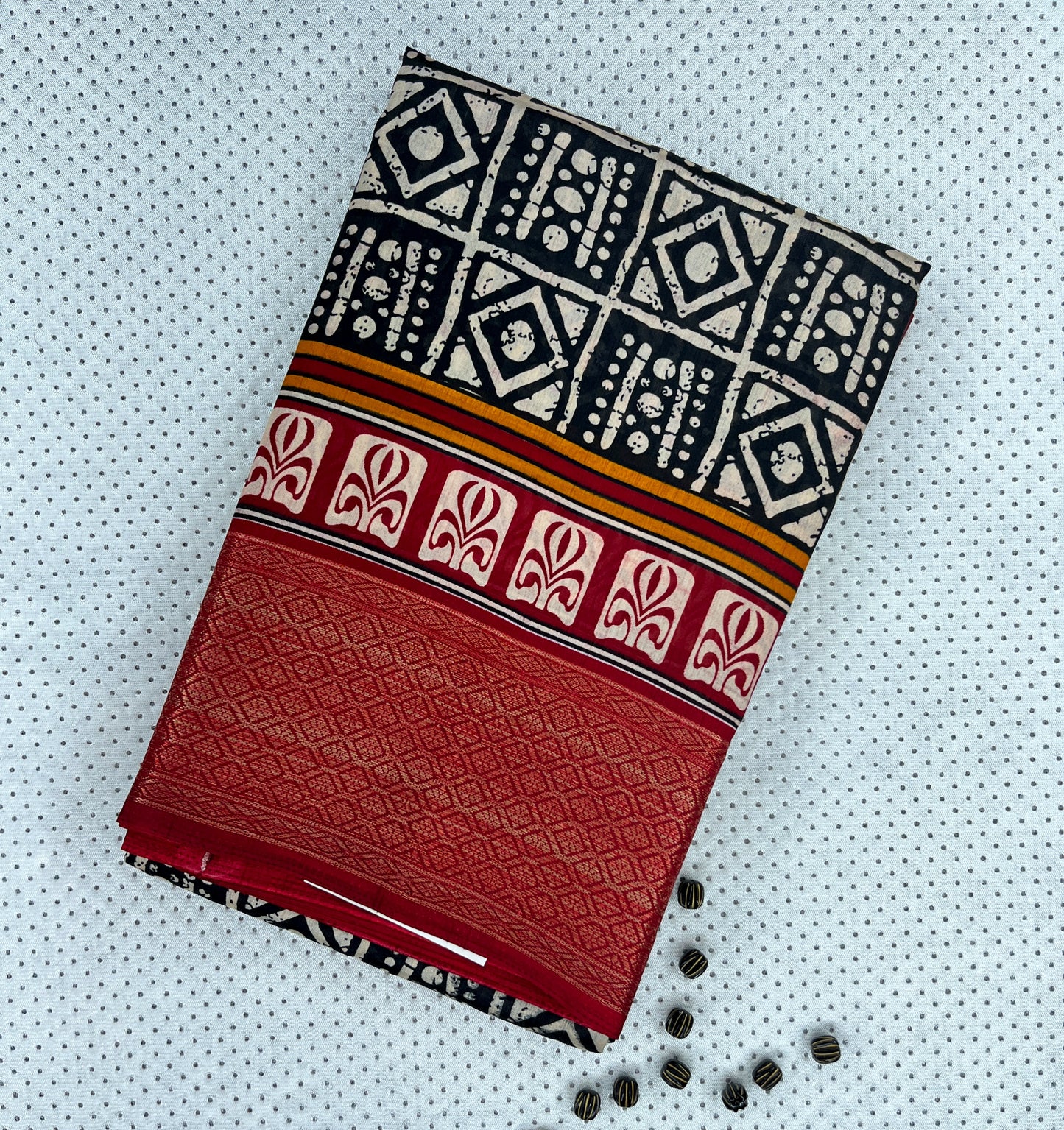 Ajrakh Printed Saree - black with red border block print