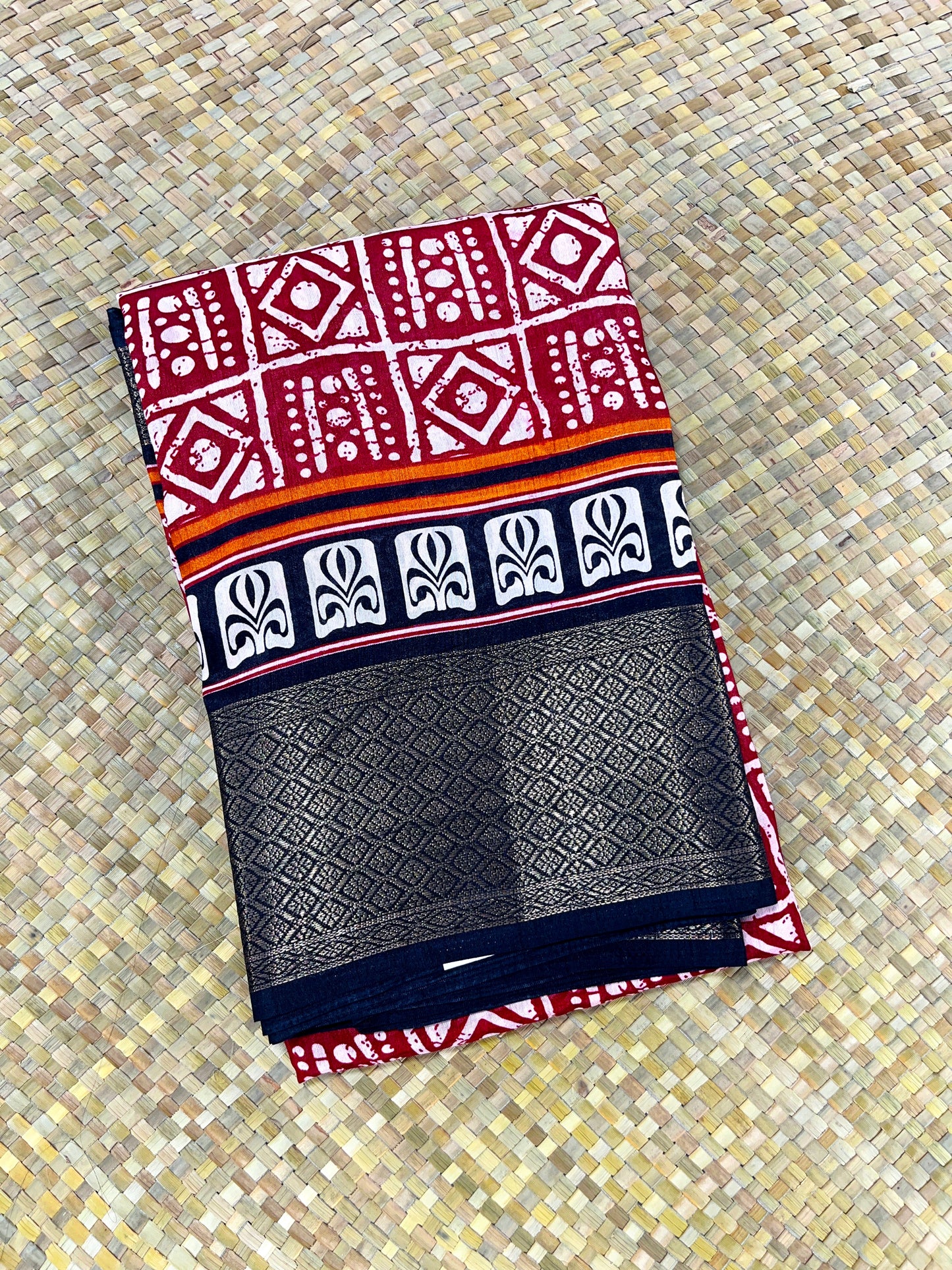 Ajrakh Printed Saree - red with black border block print