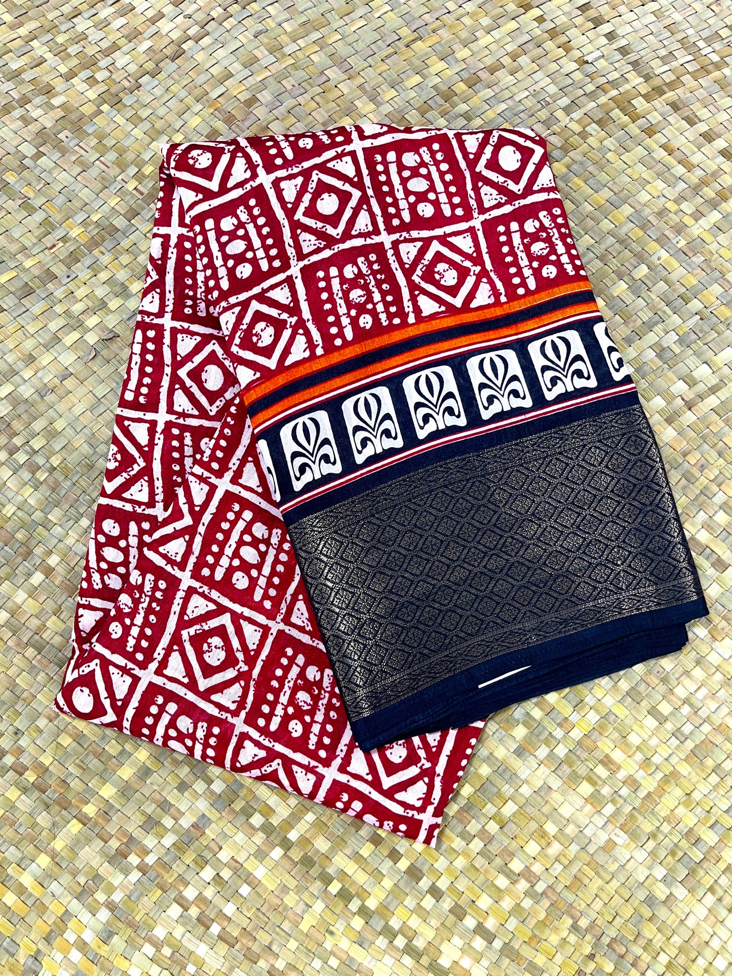 Ajrakh Printed Saree - red with black border block print