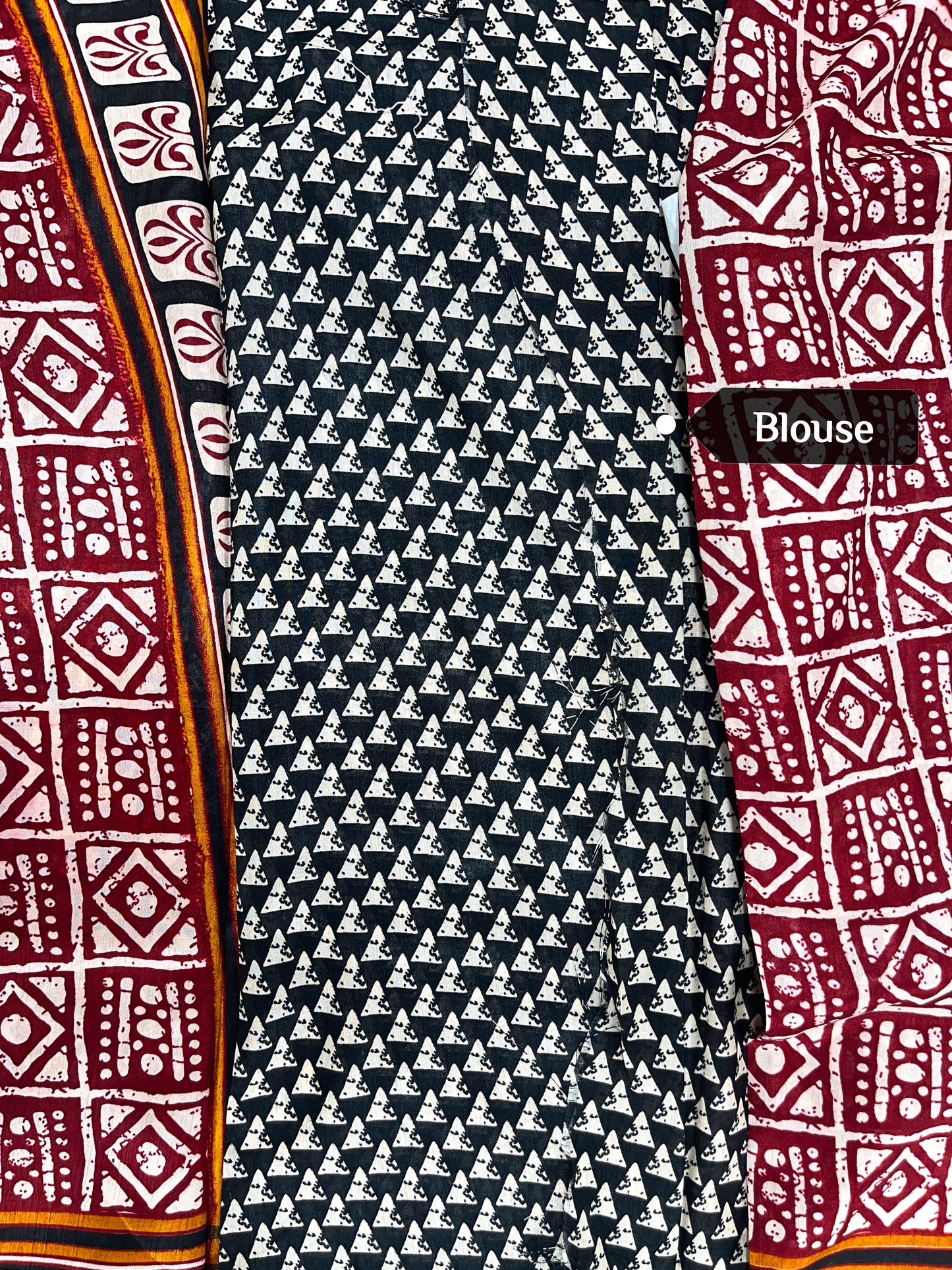 Ajrakh Printed Saree - red with black border block print