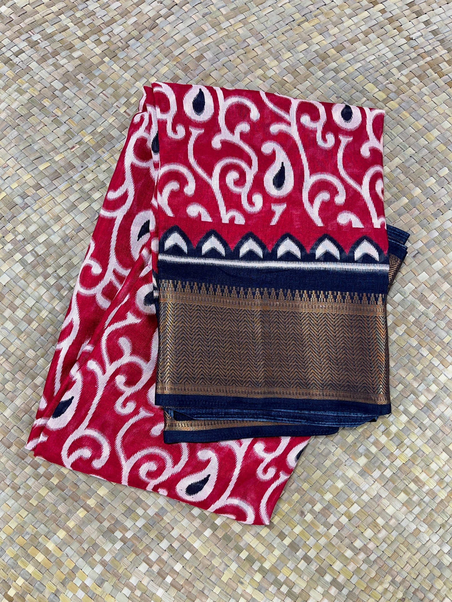Ajrakh Printed Saree - red with black border floral print