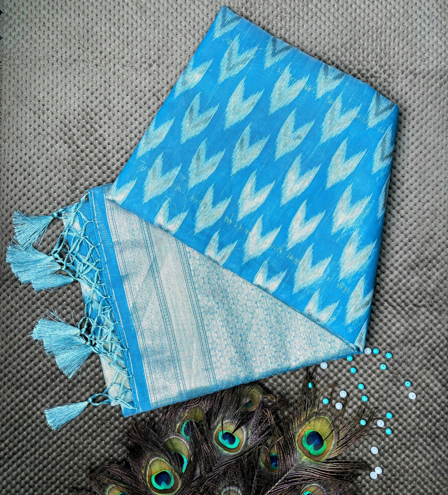 Linen Cotton Saree - Skyblue