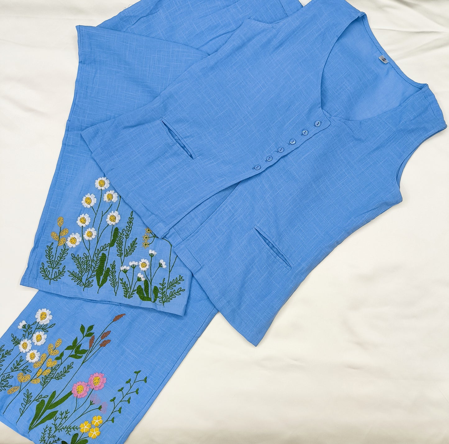 Blue Sleeveless Embroidered Cotton Slub Co-ord Set