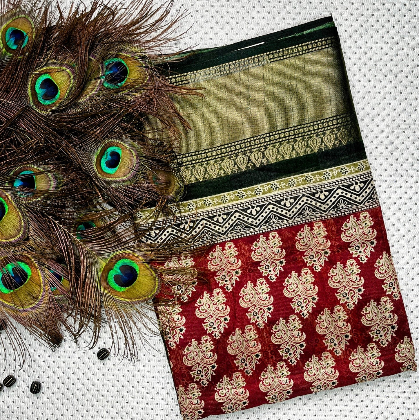 Ajrakh Printed Cotton Saree - Red with green border