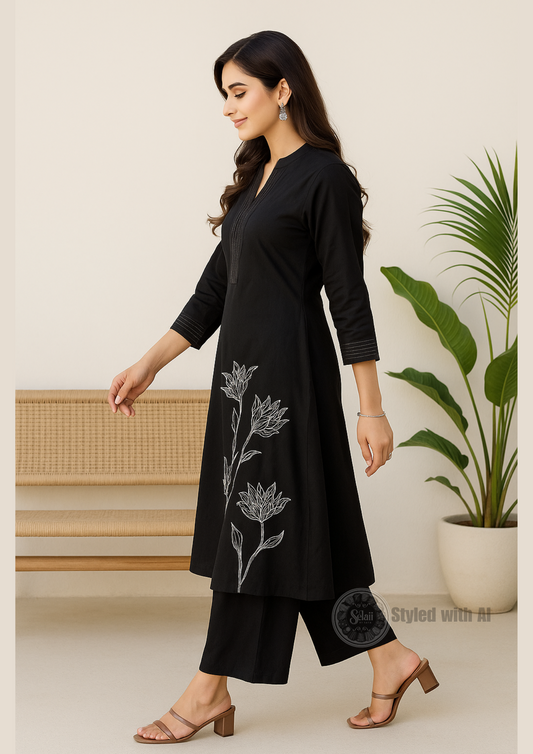 Black Floral Threadwork A-line Kurta Pant