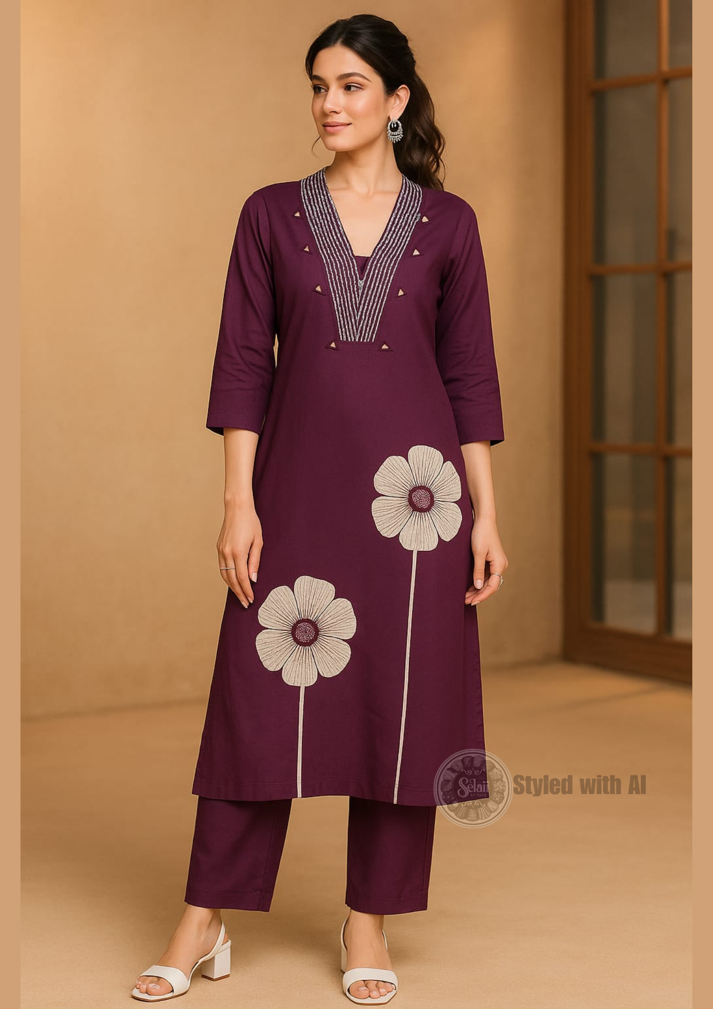 Purple Mirrorwork Embroidered A-Line Kurta Pant