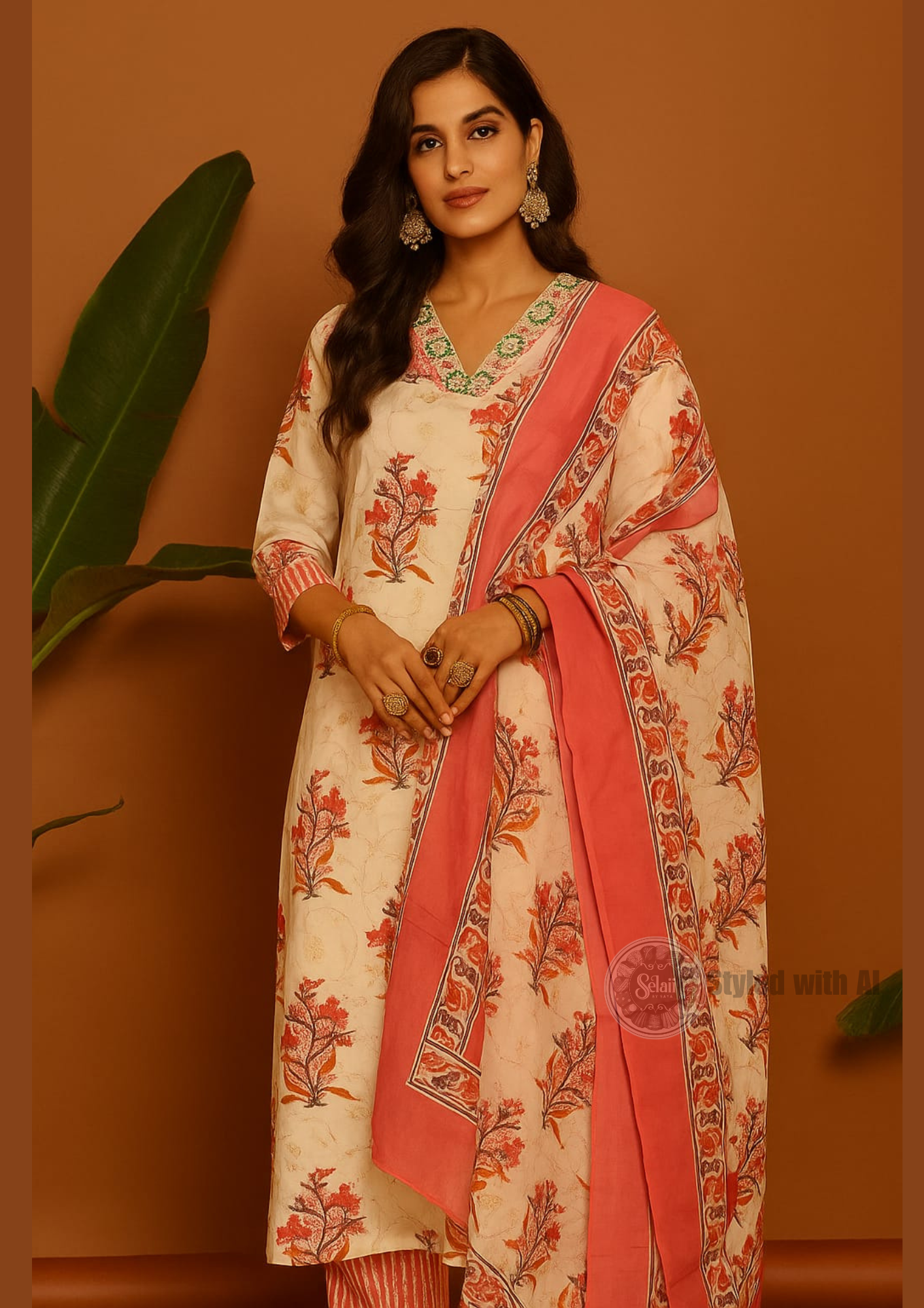 Off-White Suit Set with Pink Floral Print