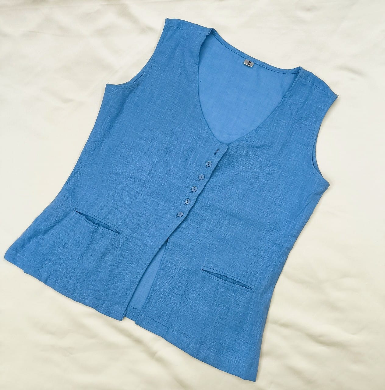 Blue Sleeveless Embroidered Cotton Slub Co-ord Set
