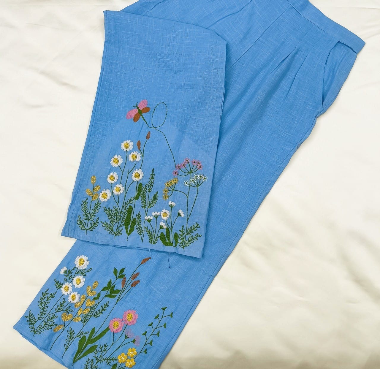 Blue Sleeveless Embroidered Cotton Slub Co-ord Set