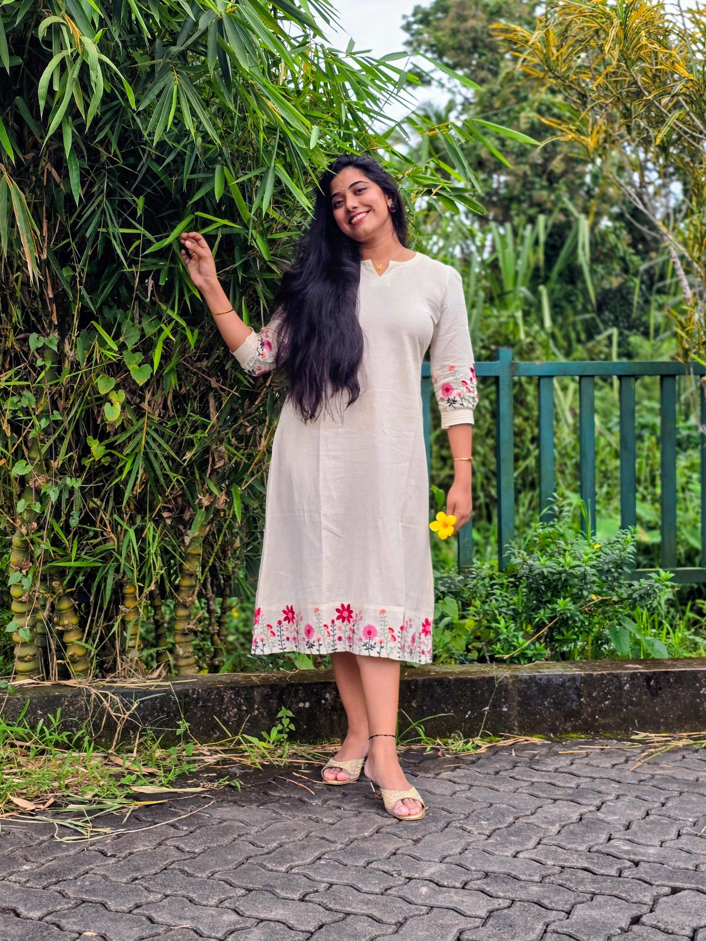 Off-white Floral Embroidered A-line Dress