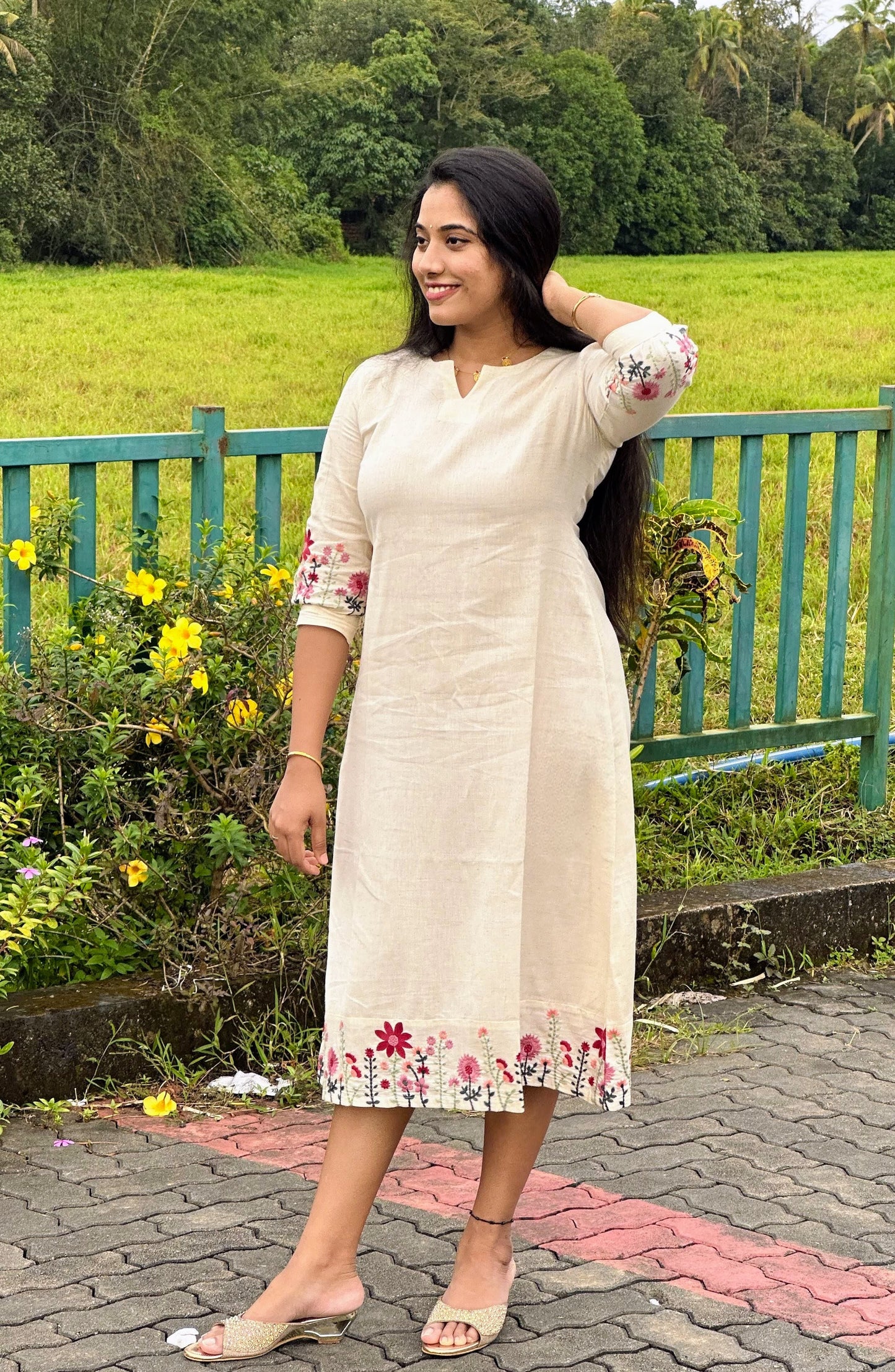 Off-white Floral Embroidered A-line Dress