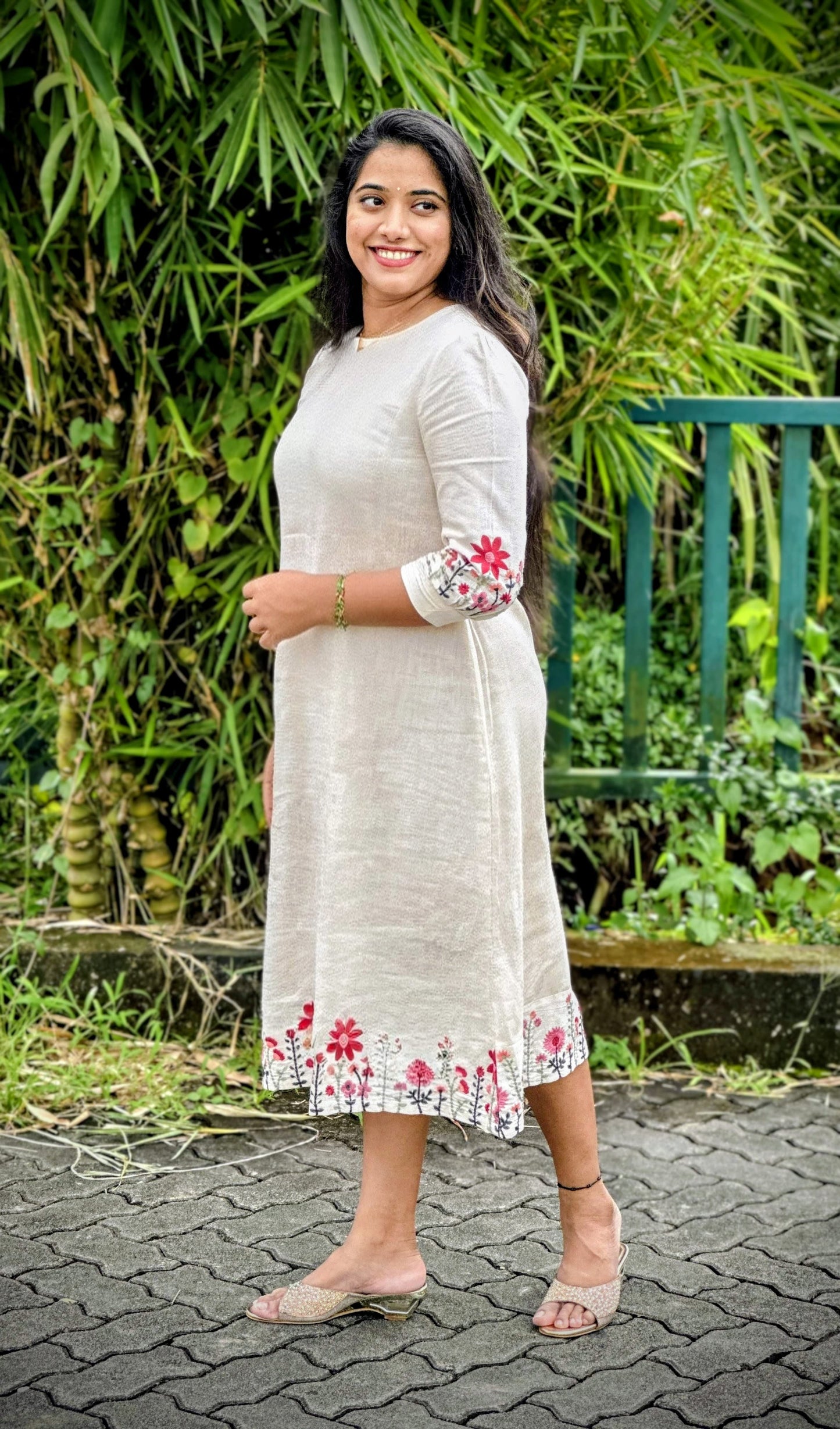 Off-white Floral Embroidered A-line Dress
