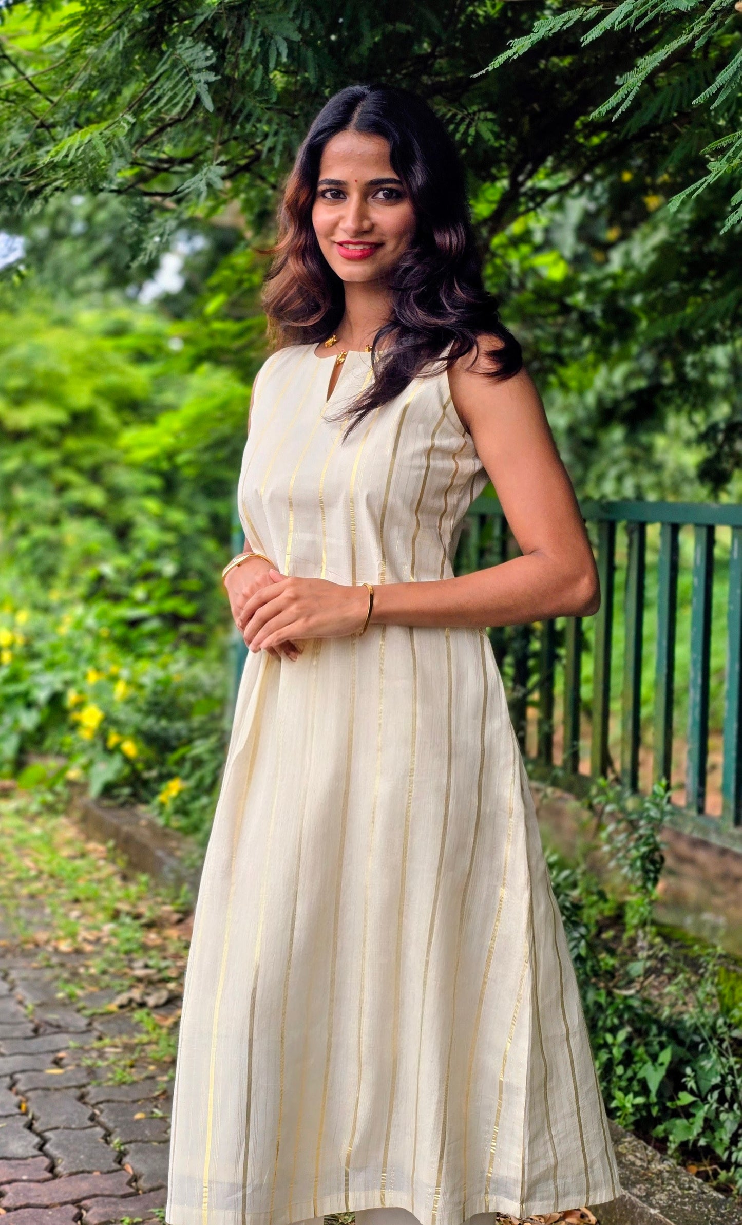 Golden Striped Sleeveless A-line Kurta Pant