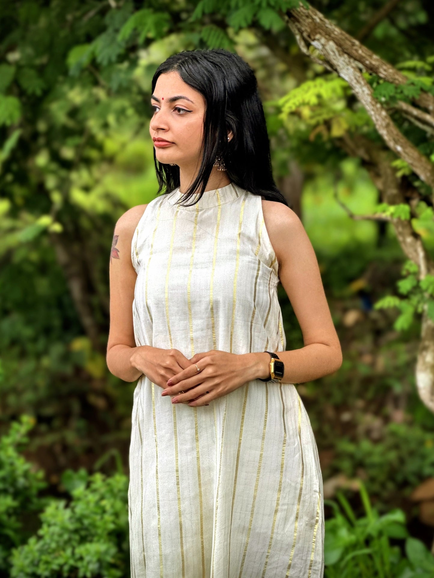 Golden Striped Halter Neck A-line Dress