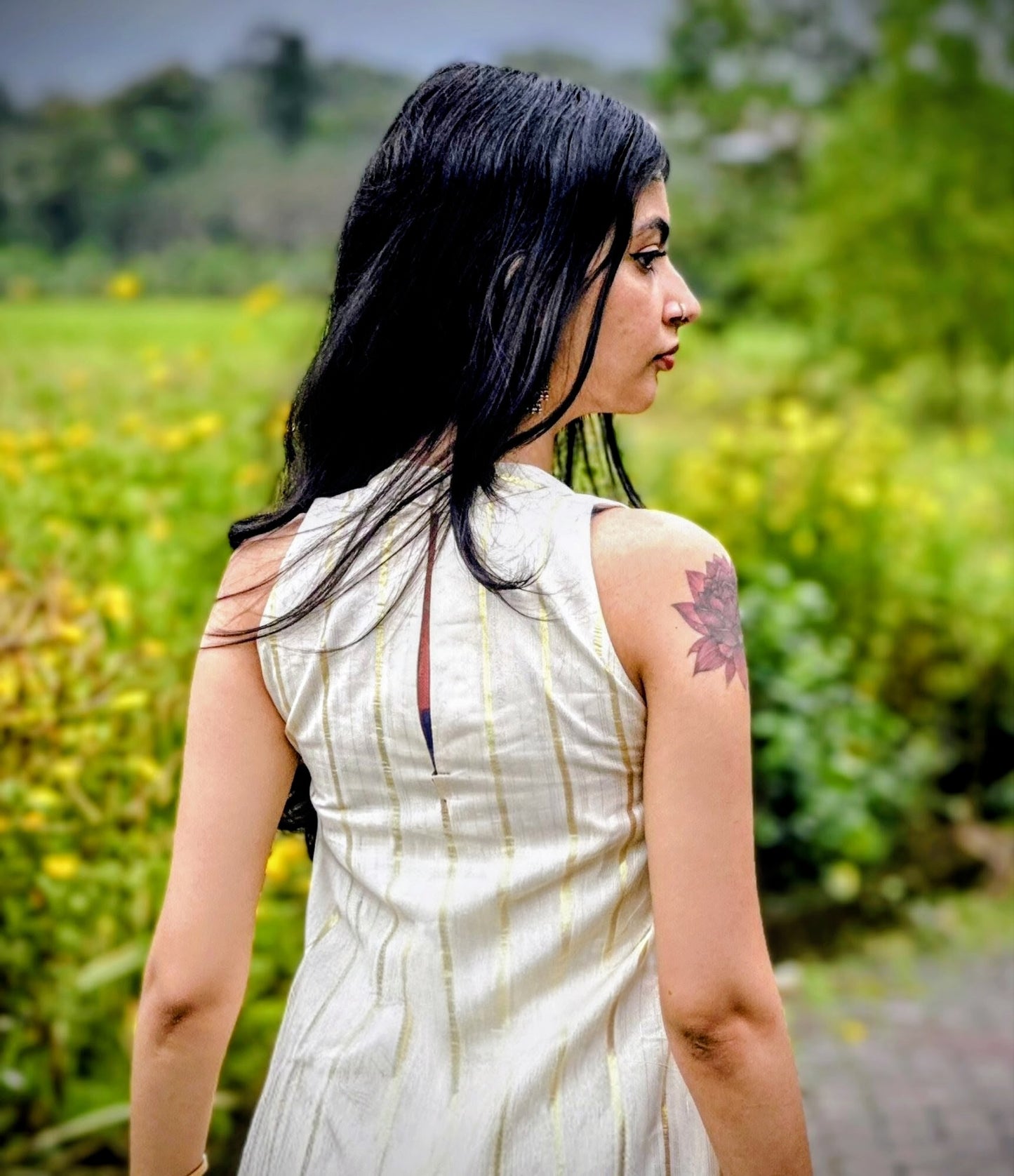 Golden Striped Halter Neck A-line Dress