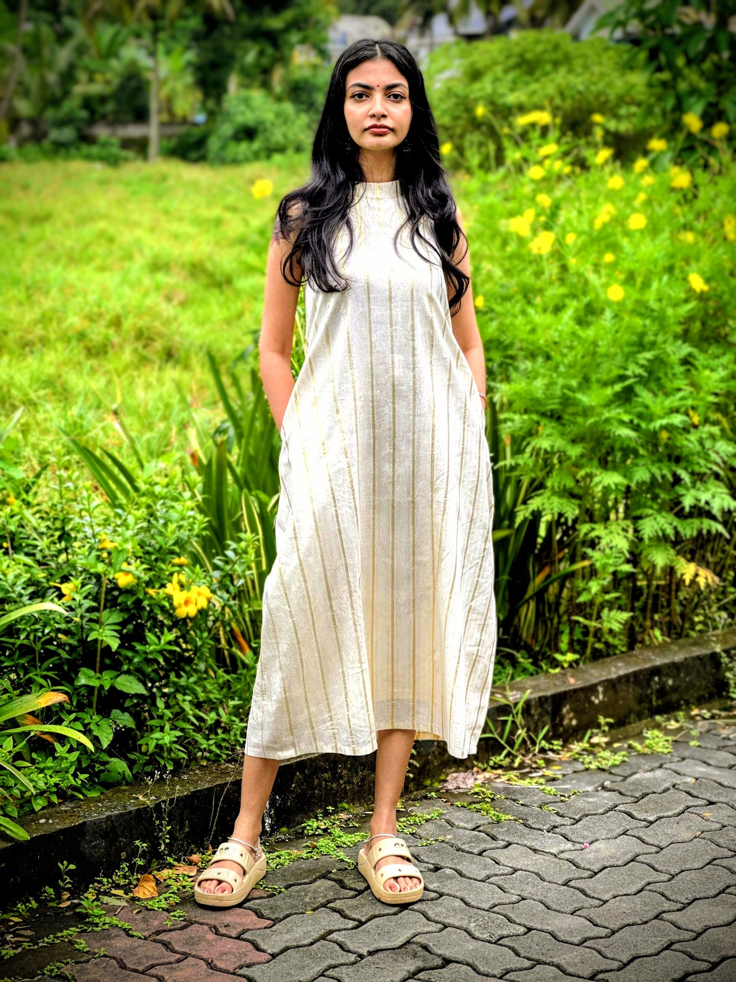 Golden Striped Halter Neck A-line Dress