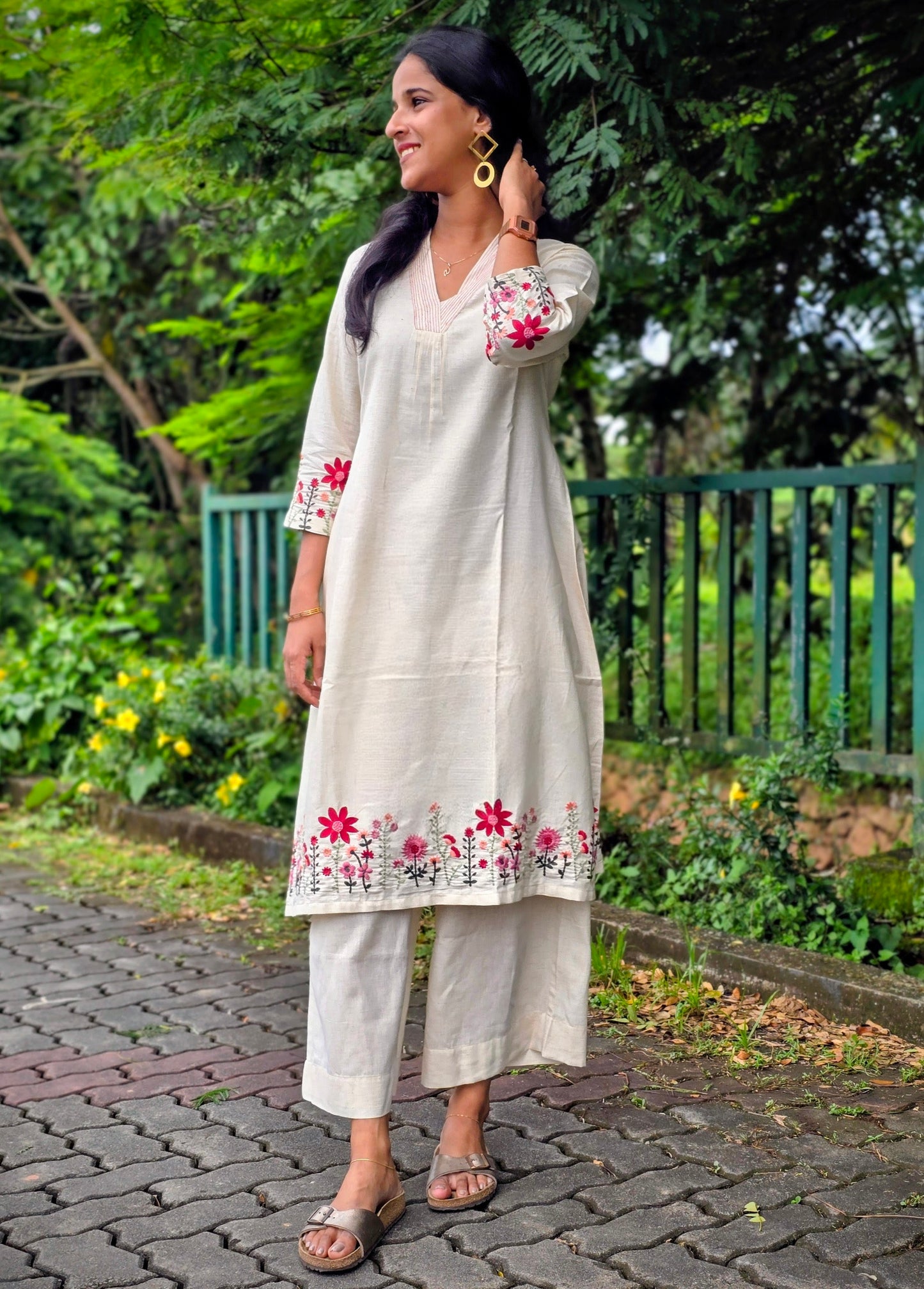 Off-white Floral Embroidered A-line Kurta Pant