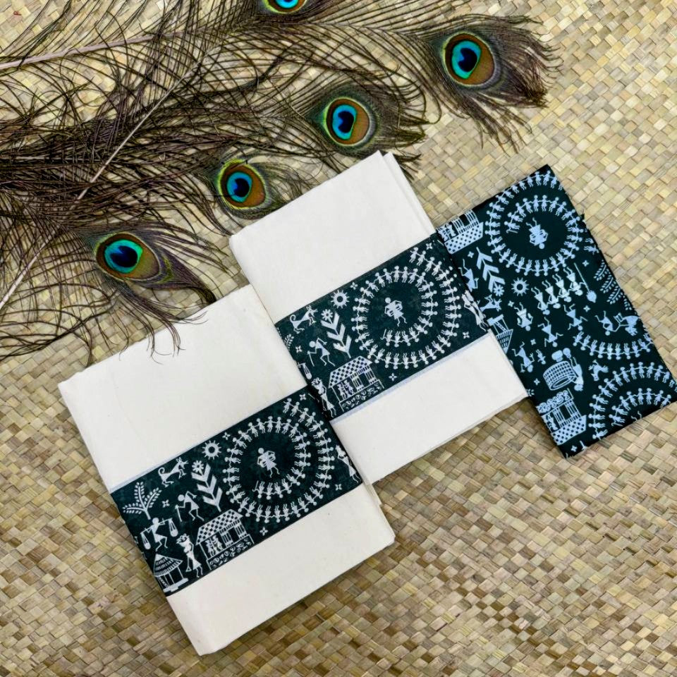 Dark Green Warli Art Set Mund and Blouse