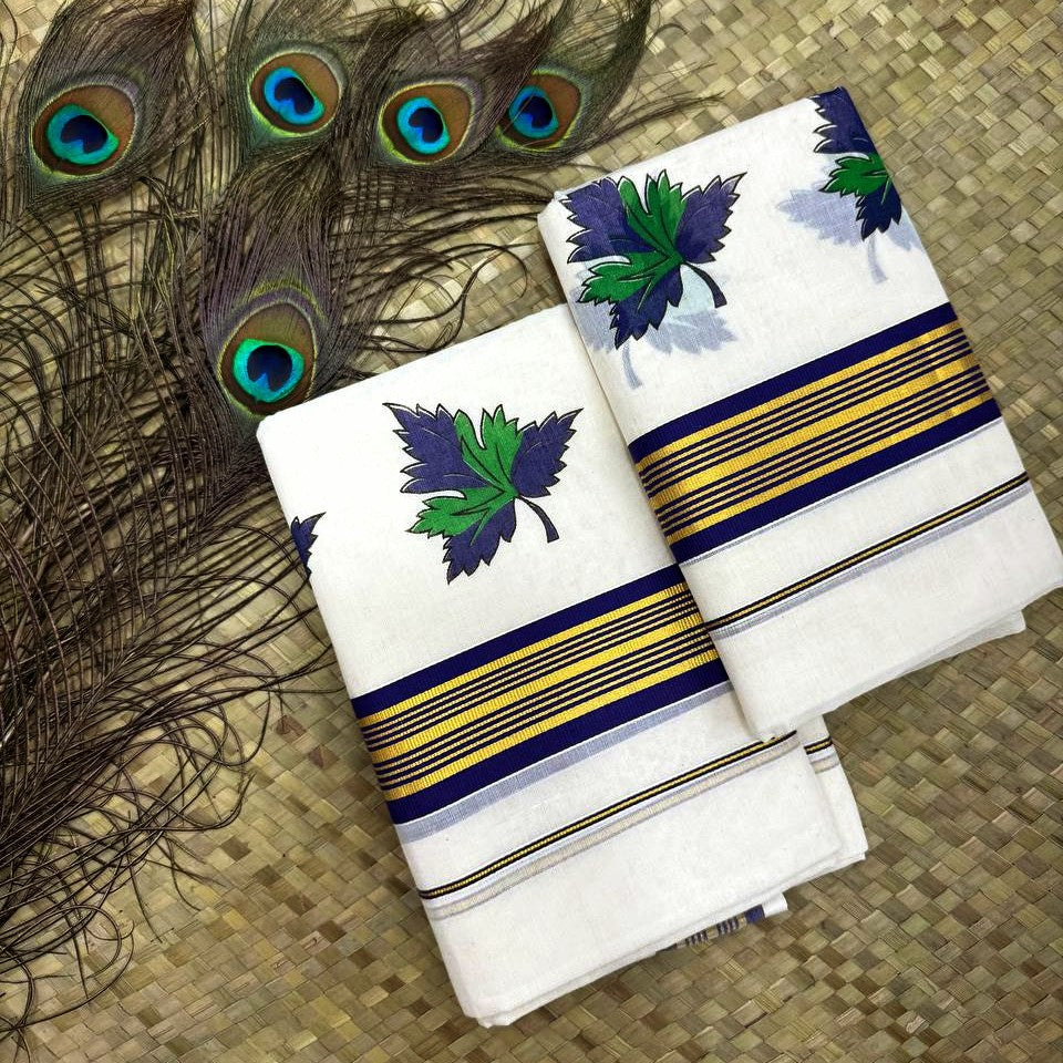 Purple & Green Grape Leaf Printed Set Mundu